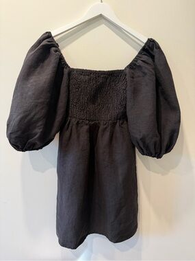 Tuckernuck Black Puff-Sleeve Linen Mini Dress